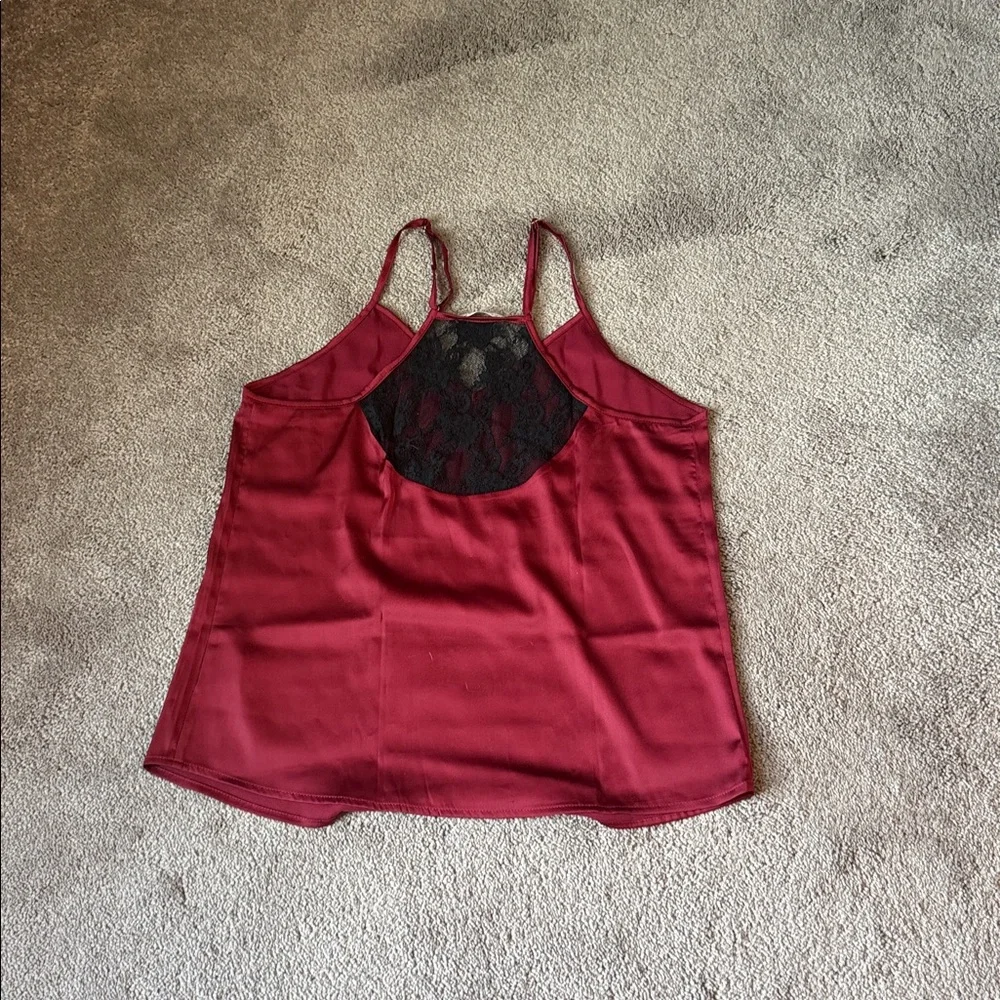 Ekouaer Maroon Satin Black Lace Trim Cami Shorts Pajama Sleep Set SIZE M